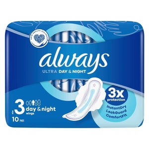 Always Ultra Day & Night Sanitary Pads with Wings 3x Protection Gentle 10 Pack